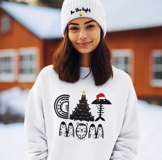 Cat Mom Weihnachts-Sweatshirt mit Rundhalsausschnitt und schwarzem Katzen-Weihnachtsbaum