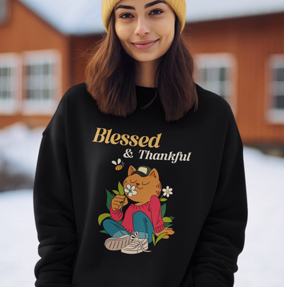 Graphic Thanksgiving Sweatshirt - Blessed and Thankful Cat