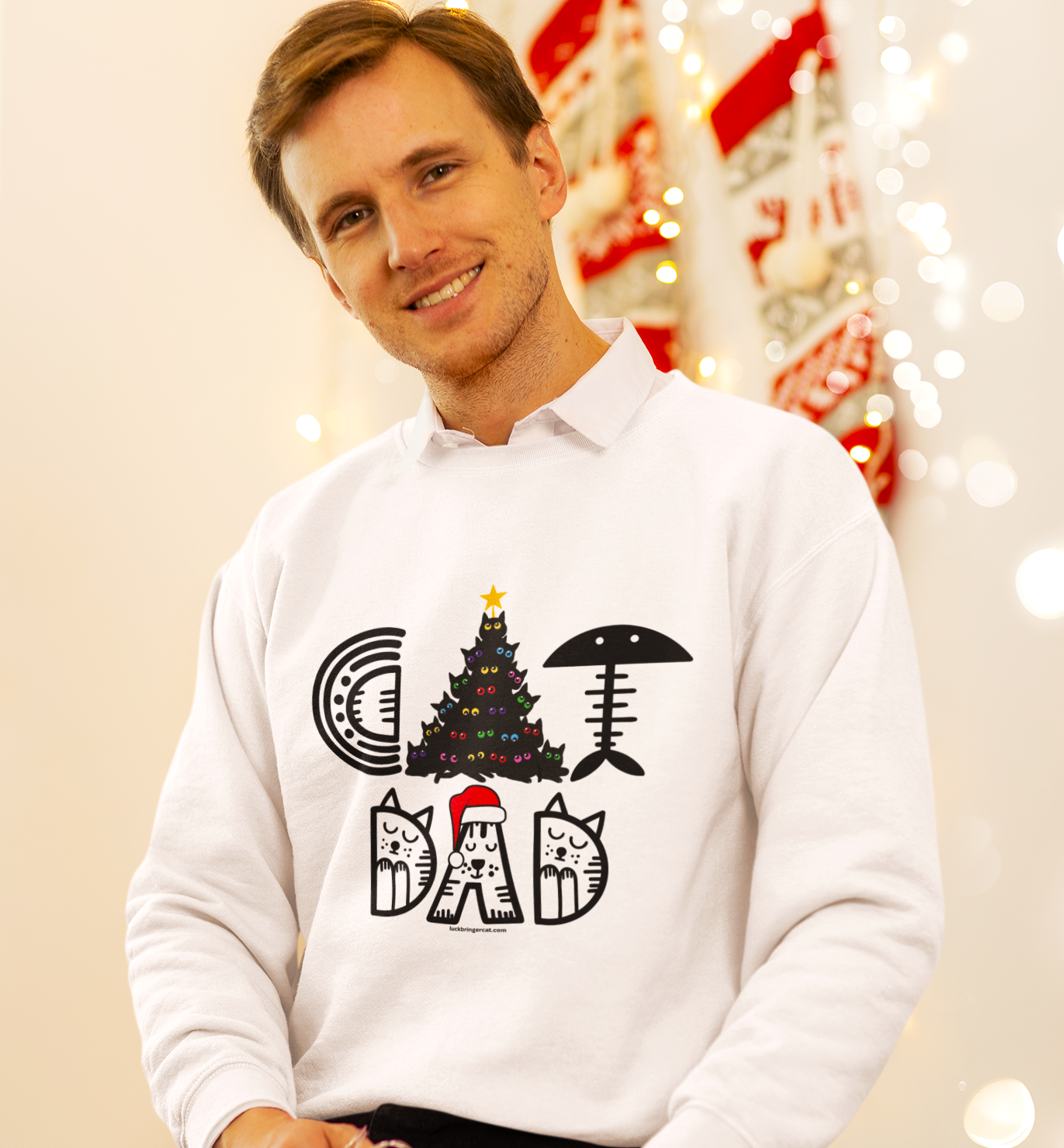 Cat Dad Christmas Crewneck Sweatshirt With Black Cats Christmas Tree