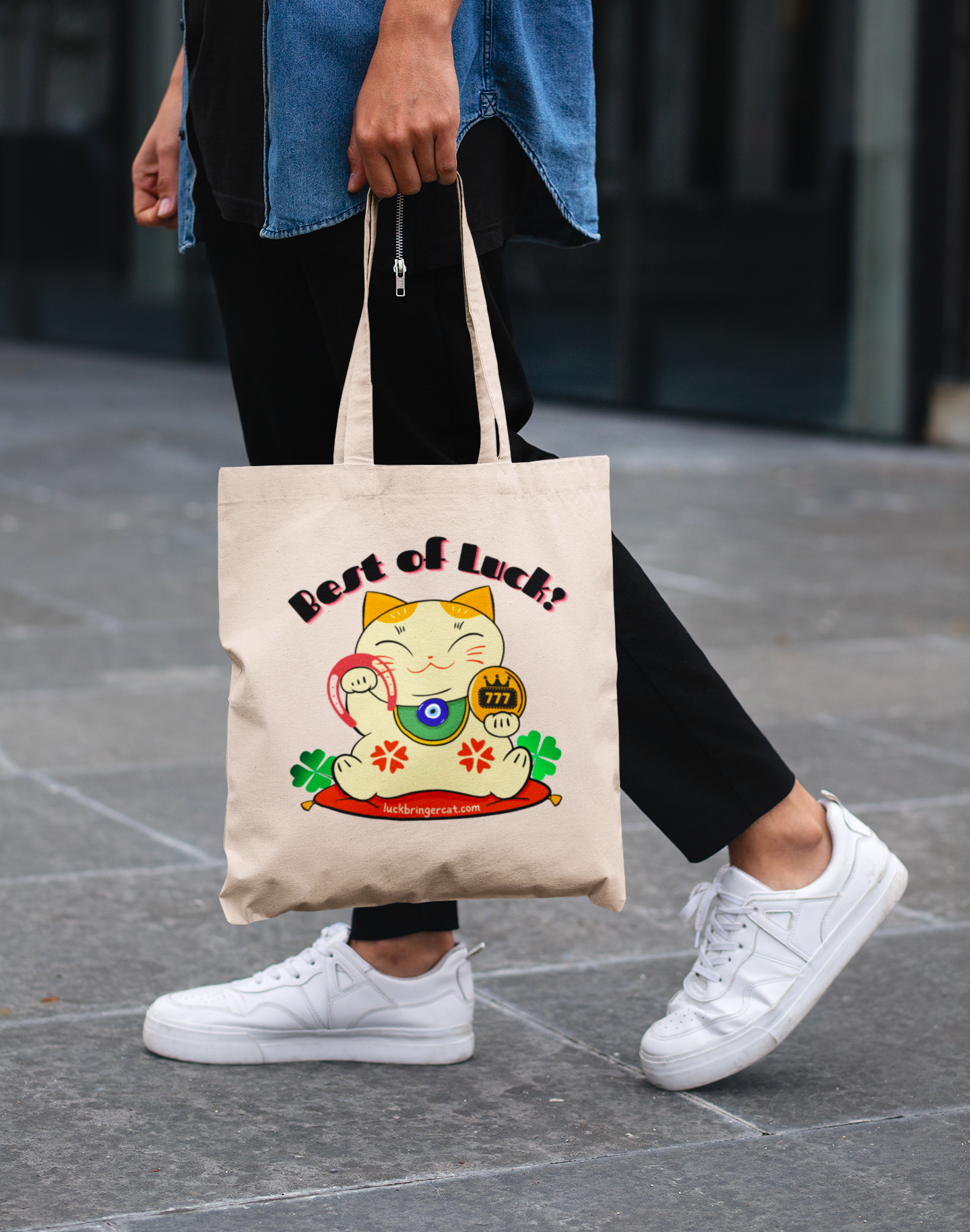 Cotton Tote Bag-Lucky Cat-Maneki Neko with Lucky Charms-Ideal gift for Asian friends and colleagues, cat lovers, cat moms and cat dads-777-horseshoe-four leave clover