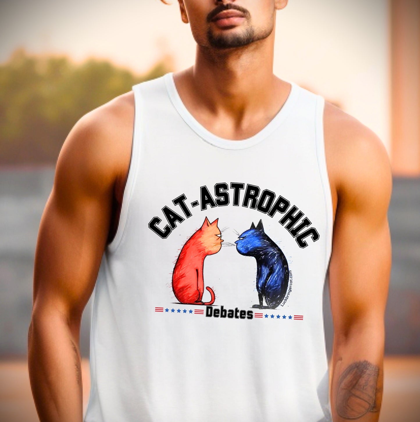 Unisex Tank Top- 2024 US Election Theme- Catastrophic Debates Singlet- gift for cat lovers, cat dads and cat moms-Inject some humor into the 2024 US election with our 'Catastrophic Debates' unisex tank tops! 😉💙💖 This singlet isn't just election-themed; it is also a perfect gift for cat lovers, cat moms, and cat dads who enjoy the fun and chaos of debates between cats. Get yours while stocks last! 🎁🐈🐾 