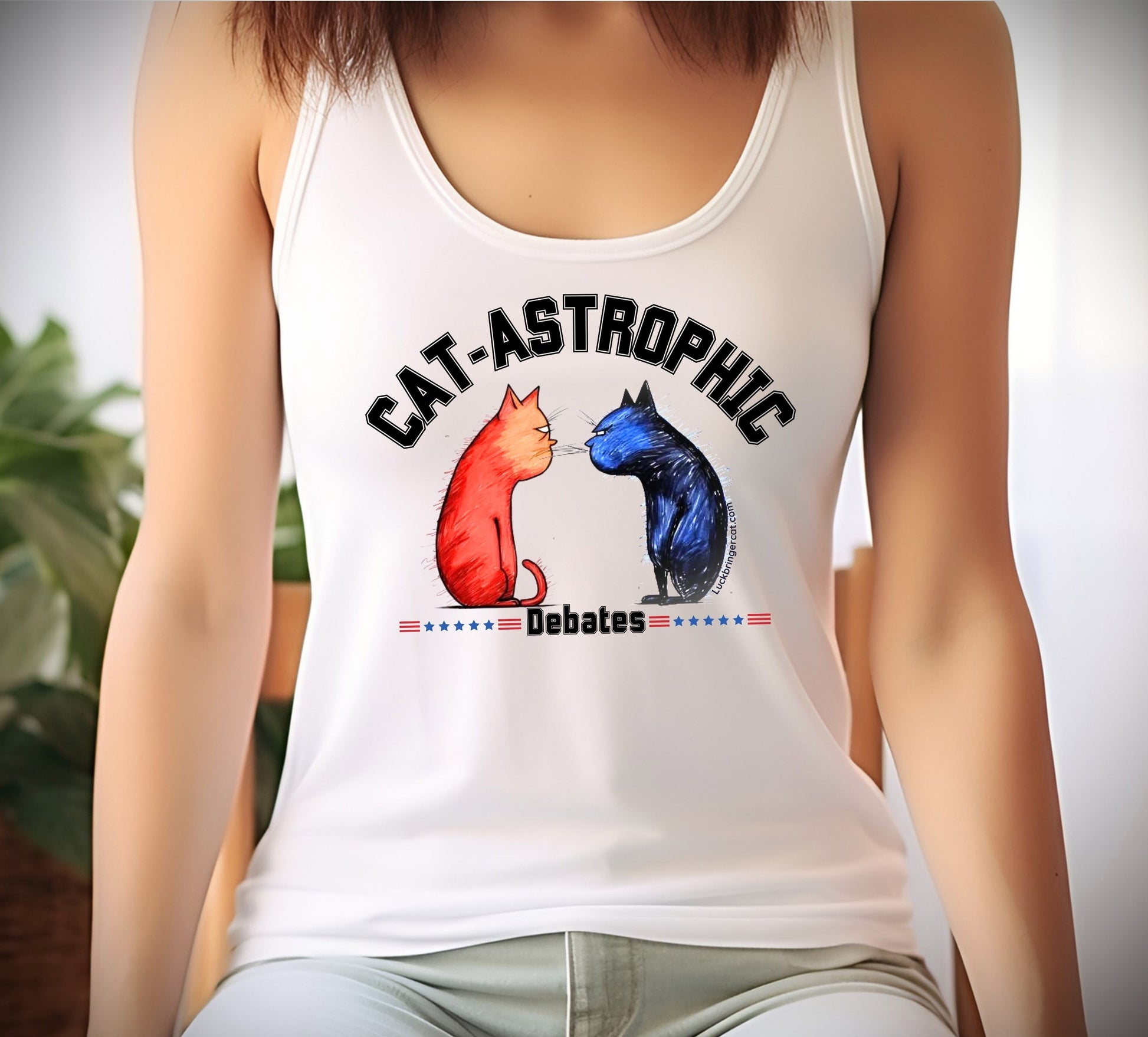 Unisex Tank Top- 2024 US Election Theme- Catastrophic Debates Singlet- gift for cat lovers, cat dads and cat moms-Inject some humor into the 2024 US election with our 'Catastrophic Debates' unisex tank tops! 😉💙💖 This singlet isn't just election-themed; it is also a perfect gift for cat lovers, cat moms, and cat dads who enjoy the fun and chaos of debates between cats. Get yours while stocks last! 🎁🐈🐾 