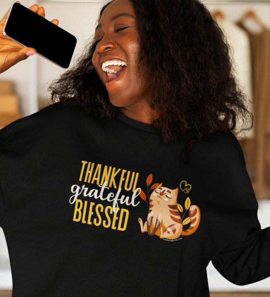 Thanksgiving-Sweatshirt mit Rundhalsausschnitt für Katzenliebhaber – Thankful Grateful Blessed