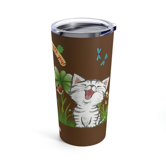 Cat lovers insulated travel cup with happy cute cat, ladybug and lucky clovers - great gift for cat and kitten moms - Cat mum tumbler